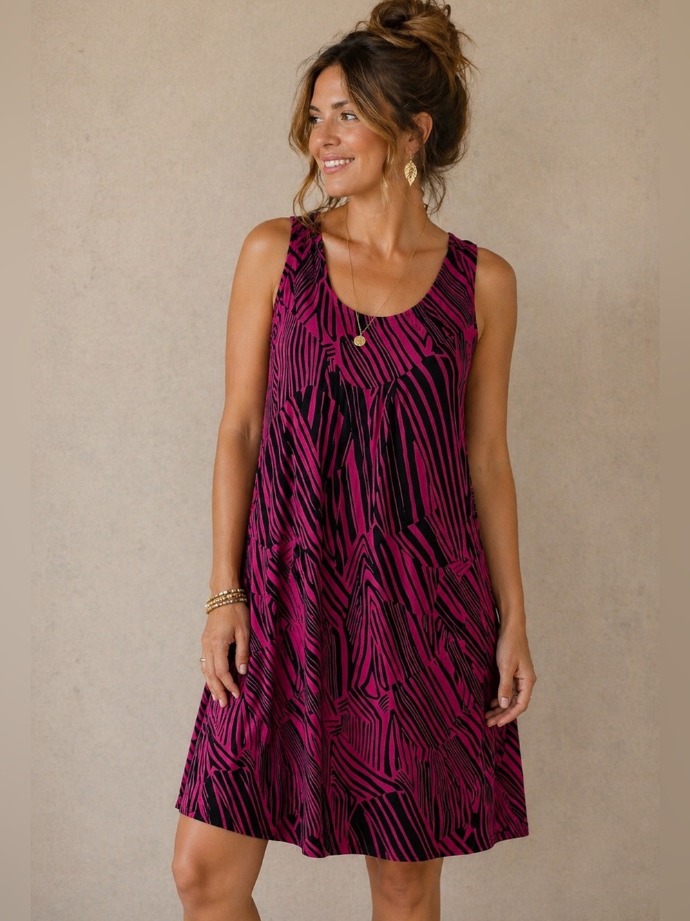 NWT A.N.A Pink & Black Abstract Print Sleeveless Dress Size Small